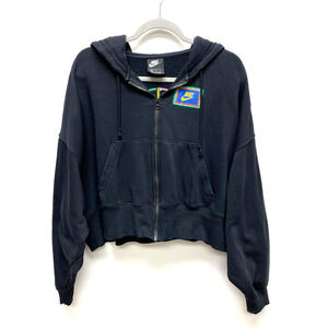 Nike Womens Black Embroidered Peace Sign Hooded Cropped Full Zip Active Jacket M